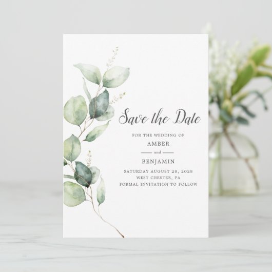 Eukalyptus Greenery Script Save the Date (Stehend Vorderseite)