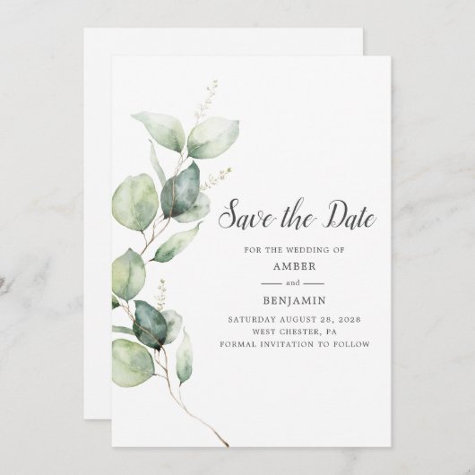 Eukalyptus Greenery Script Save the Date (Vorne/Hinten)