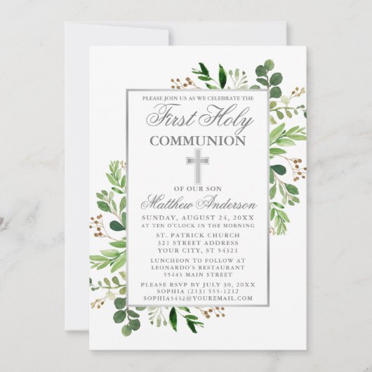 Eukalyptus Greenery Silver First Communion Einladung (Vorderseite)