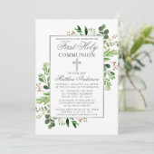 Eukalyptus Greenery Silver First Communion Einladung (Stehend Vorderseite)