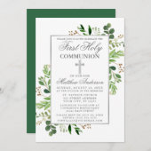 Eukalyptus Greenery Silver First Communion Einladung (Vorne/Hinten)