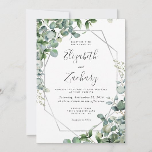 Eukalyptus Greenery Silver Geo Wedding Einladung (Vorderseite)