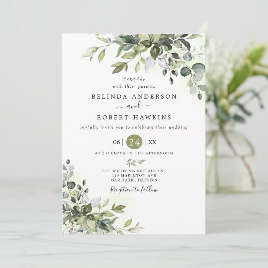 Eukalyptus Greenery Succulent Wedding Einladung (Stehend Vorderseite)