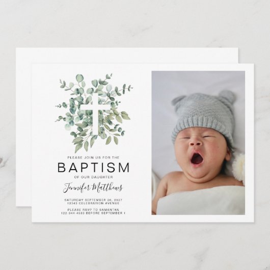 Eukalyptus Greenery Taufe Foto Einladung (Vorne/Hinten)