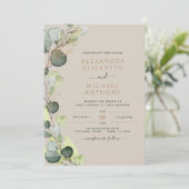 Eukalyptus Greenery Taupe Beige Gold Wedding Einladung (Stehend Vorderseite)