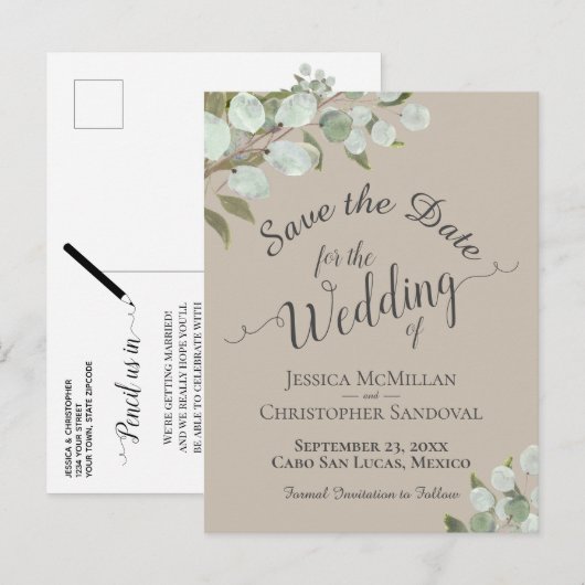Eukalyptus & Greenery Taupe Hochzeit Sichern Ankündigungspostkarte (Vorne/Hinten)