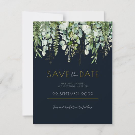 Eukalyptus Greenery und Navy Save the Date einlade (Vorderseite)
