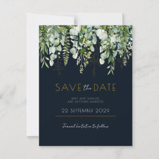 Eukalyptus Greenery und Navy Save the Date einlade