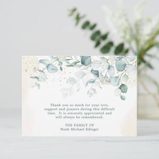 Eukalyptus Greenery Watercolor Beerdigung Dankeskarte (Stehend Vorderseite)
