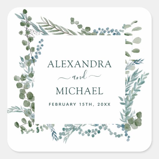Eukalyptus Greenery Watercolor Botanische Hochzeit Quadratischer Aufkleber (Vorderseite)
