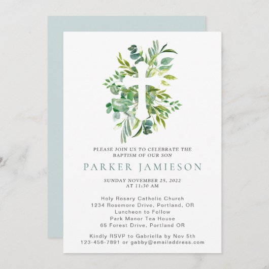Eukalyptus Greenery Watercolor Cross Taufe Invi Einladung (Vorne/Hinten)