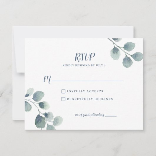 Eukalyptus Greenery Watercolor Foliage Dusty Blue RSVP Karte (Vorderseite)
