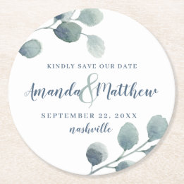 Eukalyptus Greenery Watercolor Foliage Dusty Blue Runder Pappuntersetzer