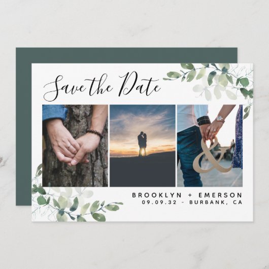 Eukalyptus Greenery Watercolor Foto Wedding Save The Date (Vorne/Hinten)