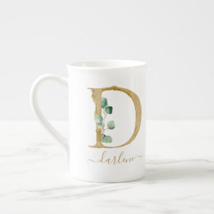 Eukalyptus Greenery Watercolor Gold Monogram D Porzellantasse