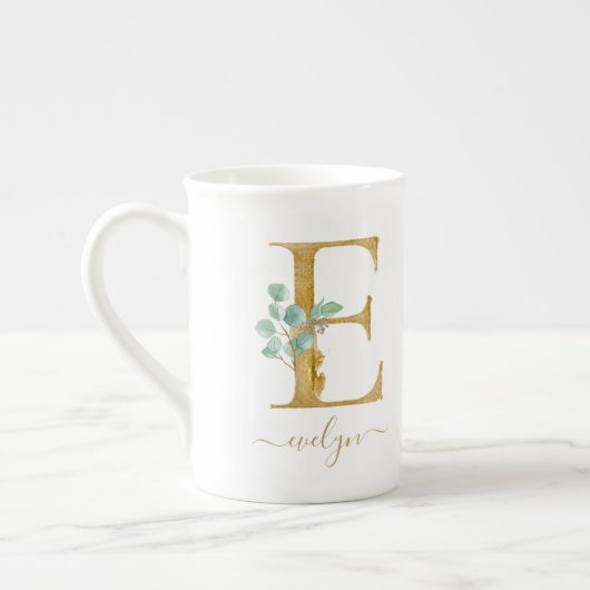 Eukalyptus Greenery Watercolor Gold Monogram E Porzellantasse (Links)