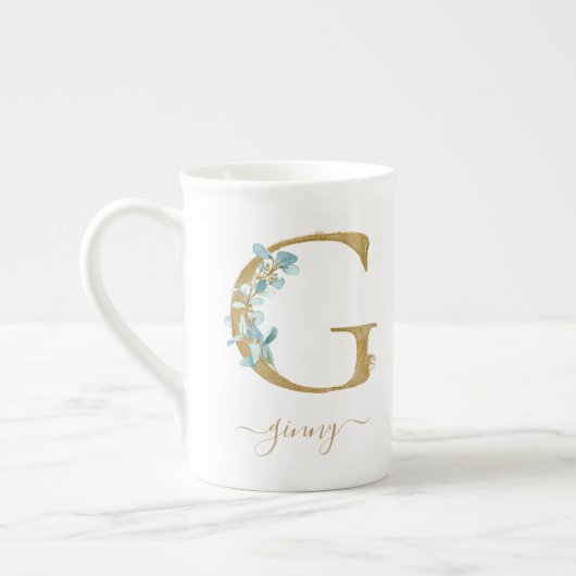 Eukalyptus Greenery Watercolor Gold Monogram G Porzellantasse (Links)
