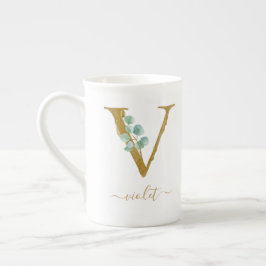 Eukalyptus Greenery Watercolor Gold Monogram V Porzellantasse