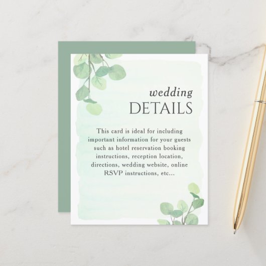 Eukalyptus Greenery Watercolor Hochzeitsdetails (Vorderseite/Rückseite Beispiel)