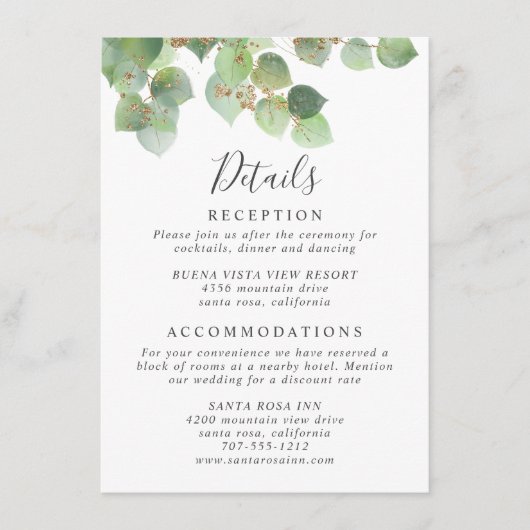 Eukalyptus Greenery Watercolor Hochzeitsdetails Begleitkarte (Vorderseite)