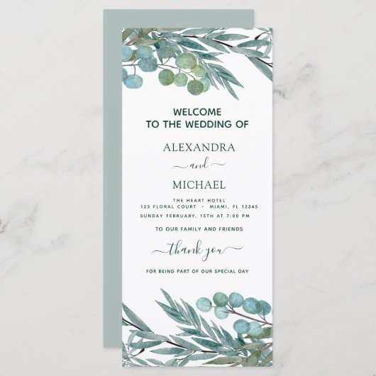 Eukalyptus Greenery Watercolor Programmkarte (Vorne/Hinten)