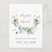 Eukalyptus Greenery Watercolor Save the Date Ankündigungspostkarte (Vorderseite)