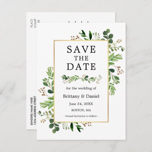 Eukalyptus Greenery Watercolor Save the Date Postkarte (Vorne/Hinten)
