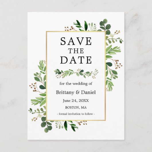 Eukalyptus Greenery Watercolor Save the Date Postkarte (Vorderseite)