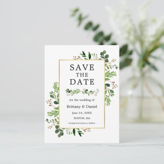 Eukalyptus Greenery Watercolor Save the Date Postkarte (Stehend Vorderseite)