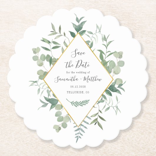 Eukalyptus Greenery Watercolor Save the Date Untersetzer (Vorderseite)
