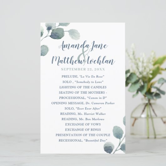 Eukalyptus Greenery Watercolor Wedding Program (Stehend Vorderseite)