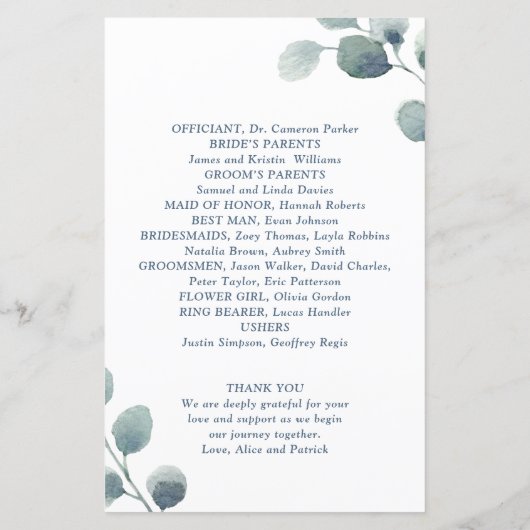 Eukalyptus Greenery Watercolor Wedding Program (Rückseite)