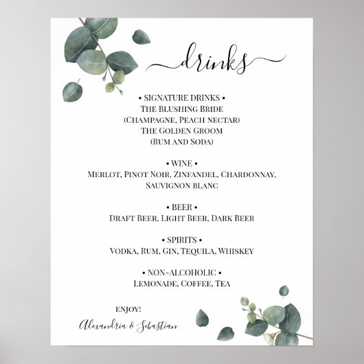 Eukalyptus Greenery Wedding Drinks Menü Signatur Poster (Vorne)