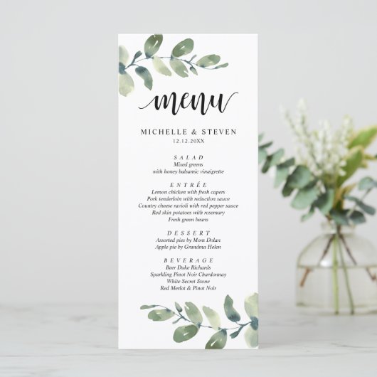 Eukalyptus Greenery Wedding Elopement Dinner Menu Menükarte (Stehend Vorderseite)