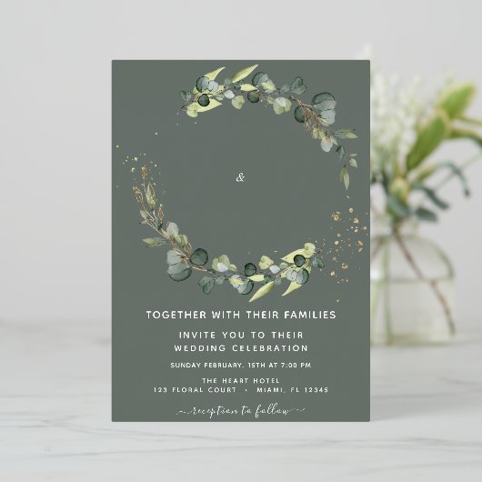 Eukalyptus Greenery Wedding Green Hintergrund Folieneinladung (Stehend vorne)