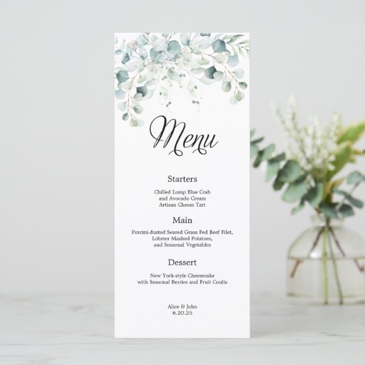 Eukalyptus Greenery Wedding Menu Menükarte (Stehend Vorderseite)
