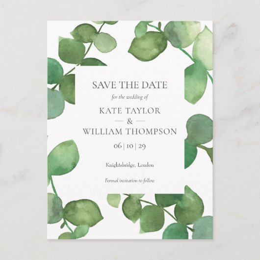 Eukalyptus Greenery Wedding Save the Date Ankündigungspostkarte (Vorderseite)