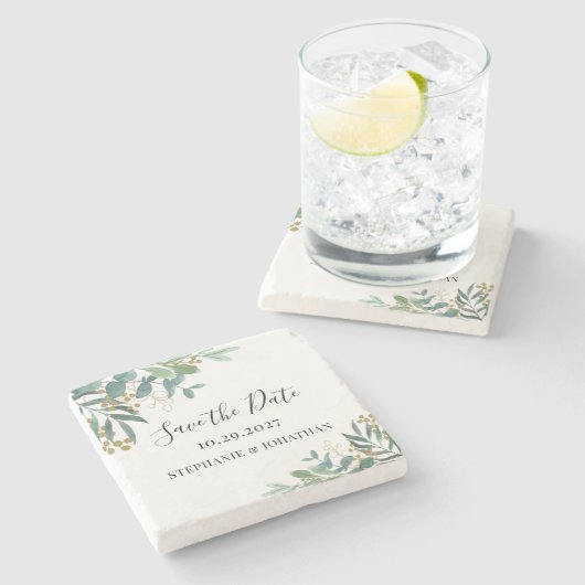 Eukalyptus Greenery Wedding speichern das Datum Steinuntersetzer (Seitenansicht)