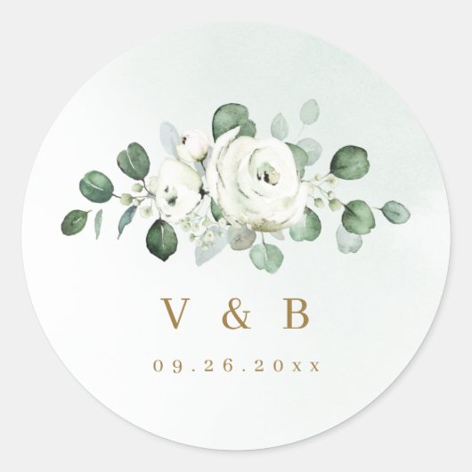 Eukalyptus Greenery white floral rustic monogram Runder Aufkleber (Vorderseite)