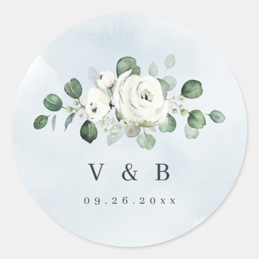 Eukalyptus Greenery white floral rustic monogram Runder Aufkleber (Vorderseite)