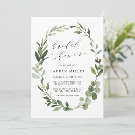 Eukalyptus Greenery Wreath Brautparty Einladung (Stehend Vorderseite)