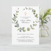 Eukalyptus Greenery Wreath Cross Baptisse Einladung (Stehend Vorderseite)