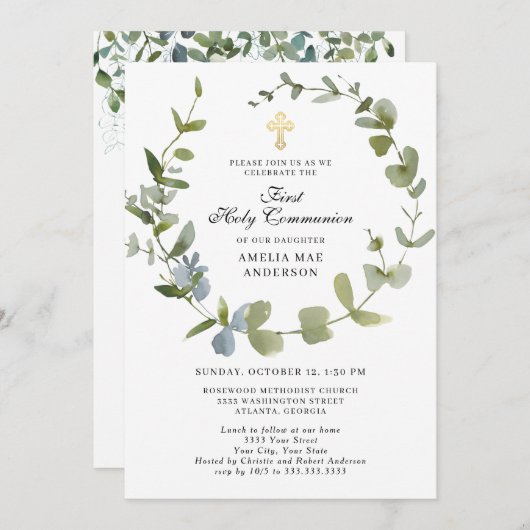 Eukalyptus Greenery Wreath Cross Heilige Kommune Einladung (Vorne/Hinten)