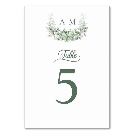 Eukalyptus Greenery Wreath Monogram Wedding Tischnummer (Vorderseite)