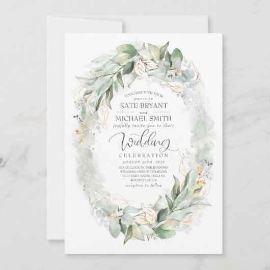Eukalyptus Greenery Wreath Wedding Gold Glitzer Einladung (Vorderseite)