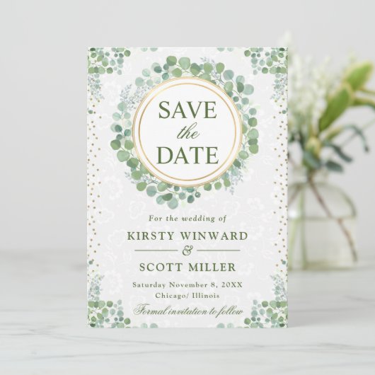 Eukalyptus Greenery Wreath Wedding Save The Date (Stehend Vorderseite)