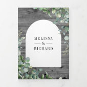 Eukalyptus Grey Wood Cross Katholic Wedding Dreifach Gefaltete Einladung (Cover)