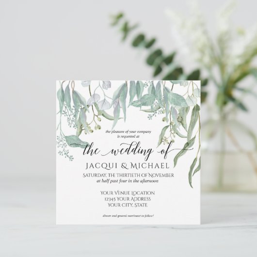 Eukalyptus Grove Rustic Winery Foliage Wedge Einladung (Stehend Vorderseite)