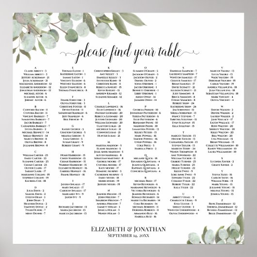 Eukalyptus-Grün-Alphabetischer Sitzplan Poster (Vorne)