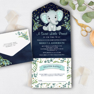 Eukalyptus Grün Elefant Navy Blau Babyparty All In One Einladung